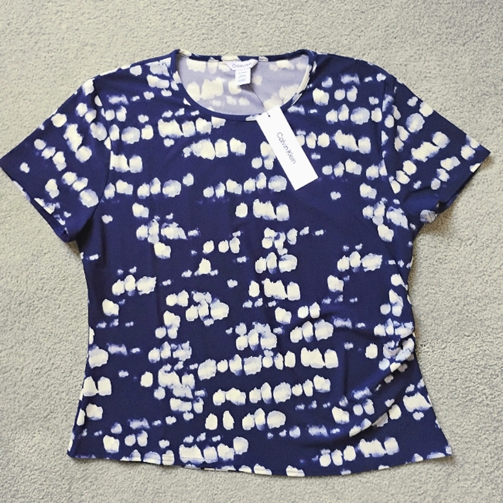 NWT XL Calvin Klein Navy Blue Batik Dot Short Sleeve Ruched Top NEW